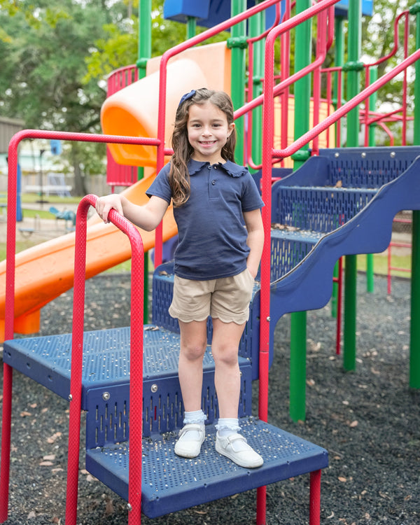 Ruffle Collar Polo- Navy