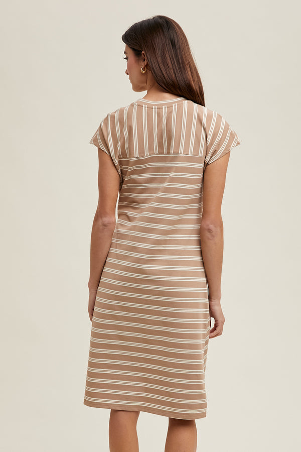 Striped Side-Tie Dress- Mocha/Cream
