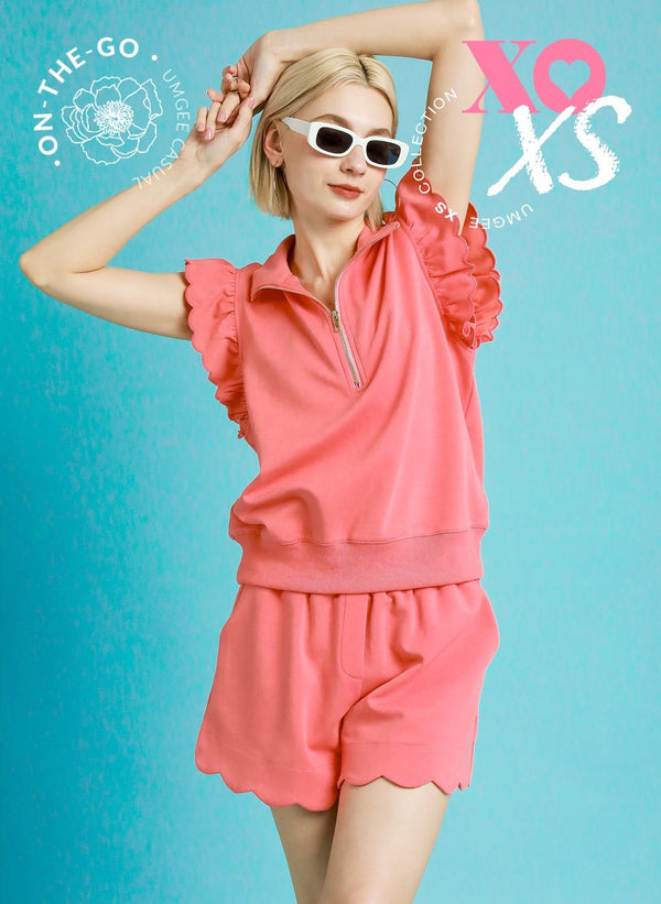 Scalloped Zip-Up Lounge Short Set- Coral