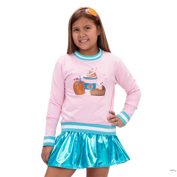 Sequin Pumpkin Latte Crew Sweatshirt- Pink