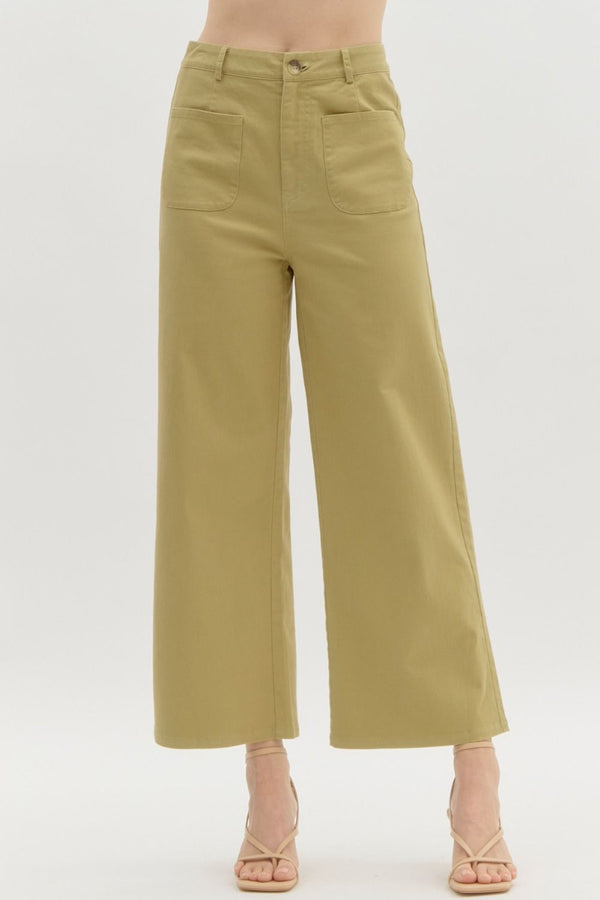 High Waisted Wide Leg Pants- Lt. Olive