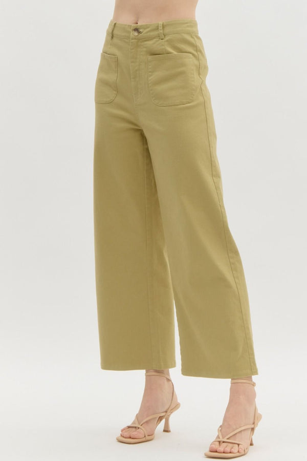 High Waisted Wide Leg Pants- Lt. Olive