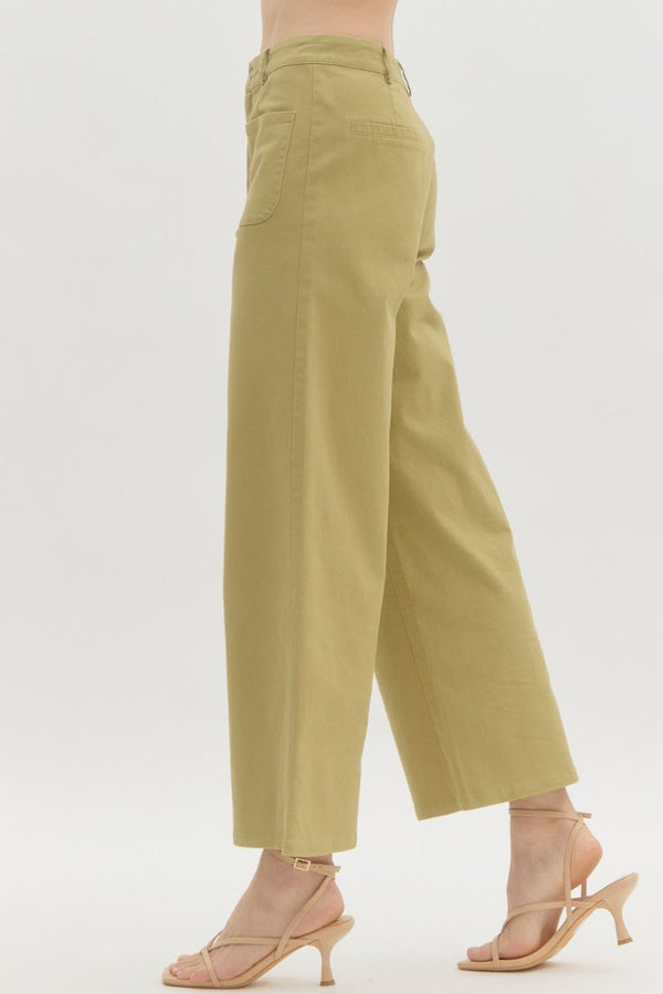 High Waisted Wide Leg Pants- Lt. Olive
