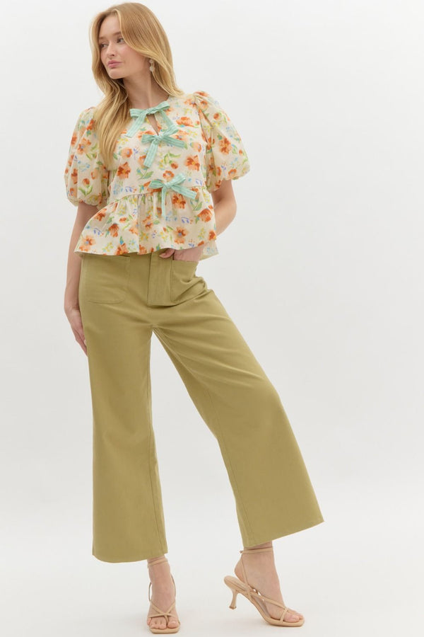 High Waisted Wide Leg Pants- Lt. Olive