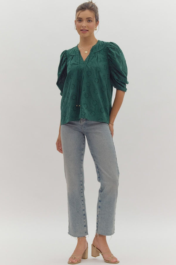 Embroidered V-Neck Top- Green