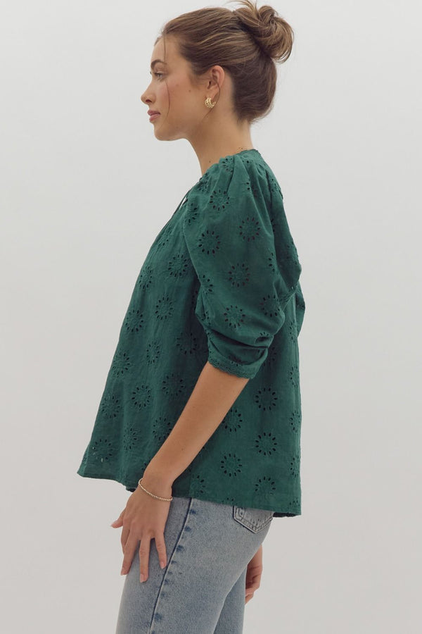 Embroidered V-Neck Top- Green