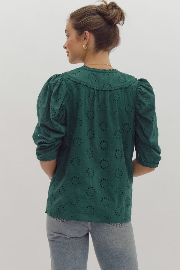Embroidered V-Neck Top- Green