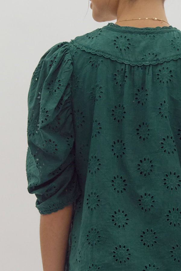 Embroidered V-Neck Top- Green