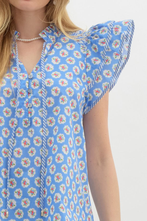 Floral Medallions Ruffle Pullover Top- Blue