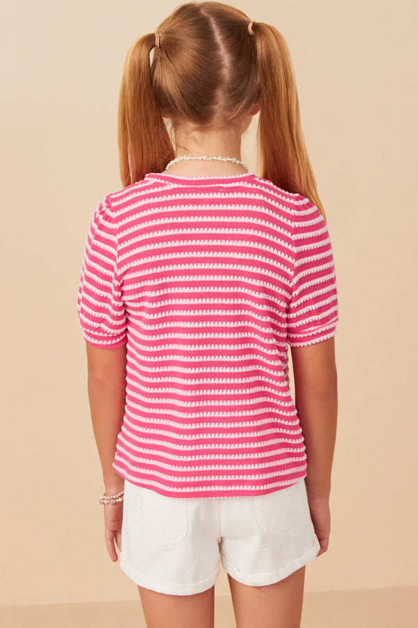 Stripe Puff Sleeve Knit Top- Pink