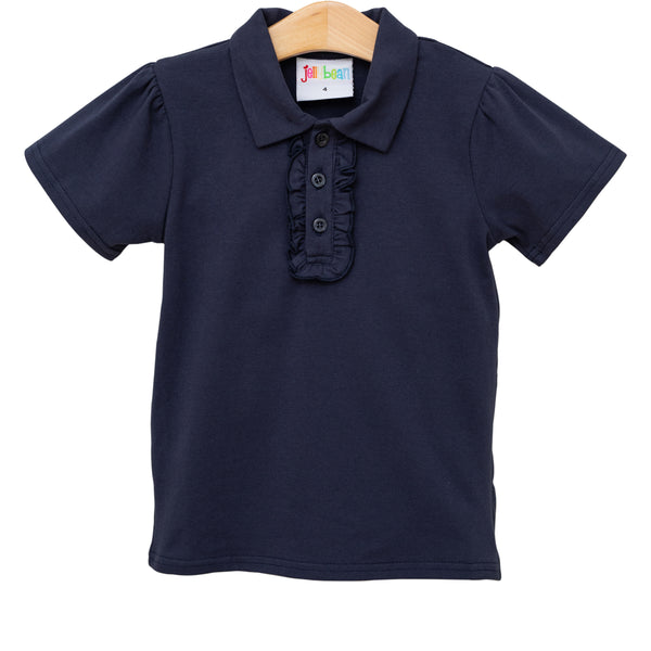 Ruffle Polo Top- Navy