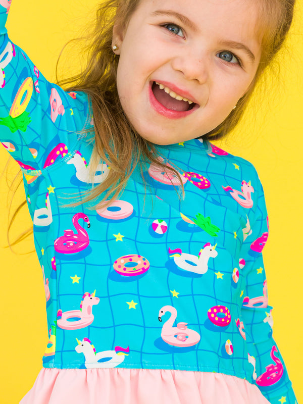 Long Sleeve Rash Guard Bikini- Neon Pool Party