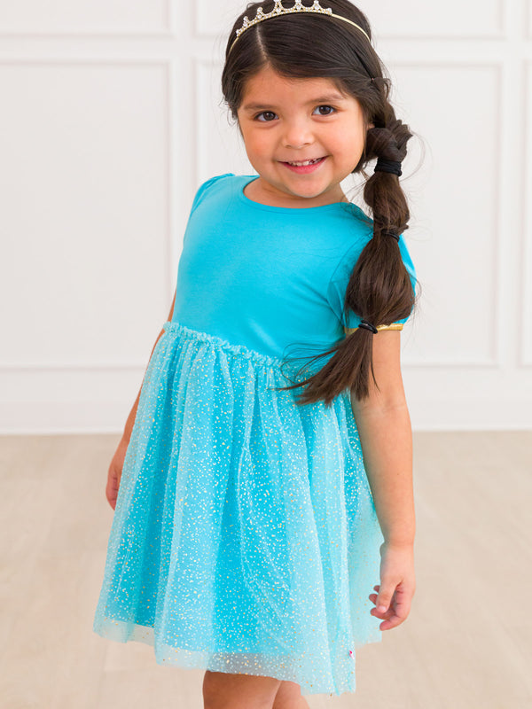 Princess Bow Twirl Dress- Teal Golden Princess
