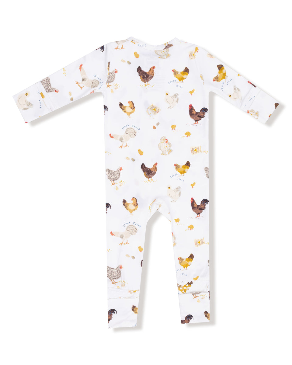 Chickens Zipper Romper | White