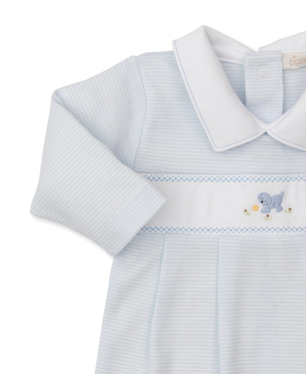 Playing Pup Playsuit- Light Blue Stripe