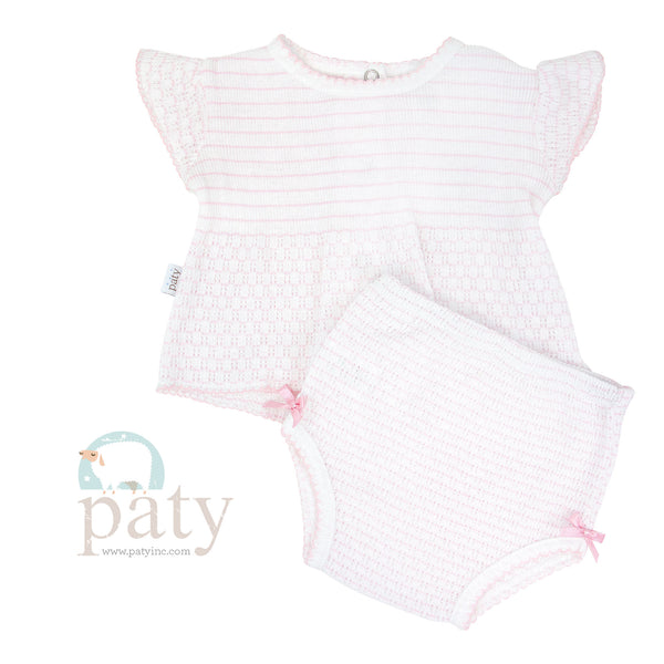 Flutter Sleeve Bows Diaper Set- Pinstripe Pink