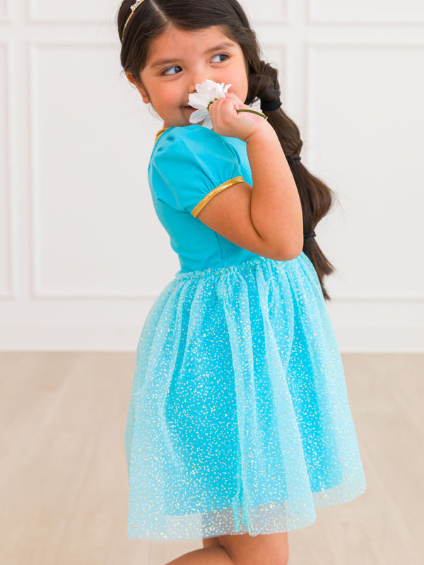 Princess Bow Twirl Dress- Teal Golden Princess