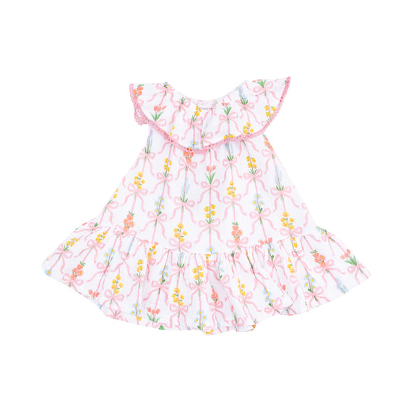 Ribbon Bouquets Circle Neck Ruffle Dress