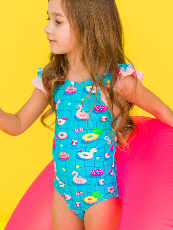 Ruffle V-Back One Piece- Neon Pool Party