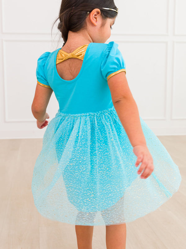 Princess Bow Twirl Dress- Teal Golden Princess