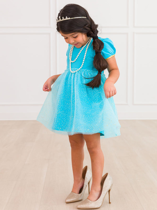 Princess Bow Twirl Dress- Teal Golden Princess