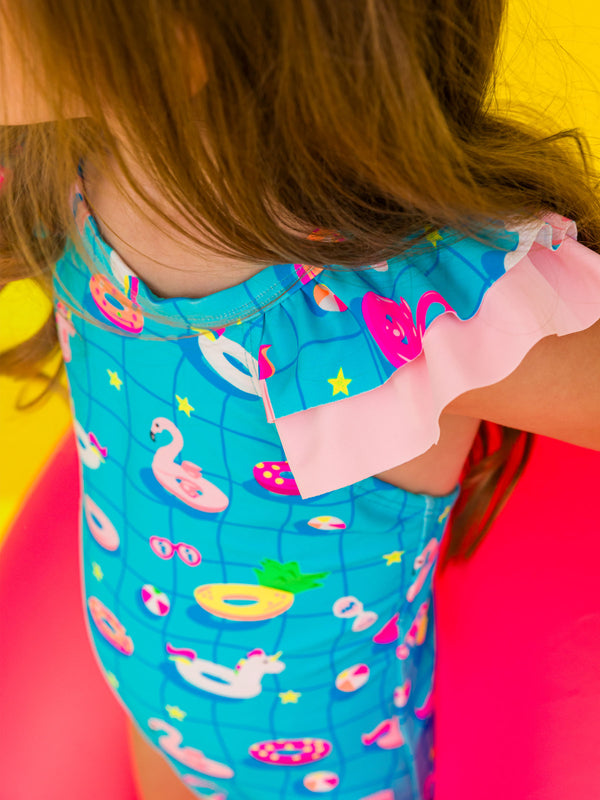 Ruffle V-Back One Piece- Neon Pool Party