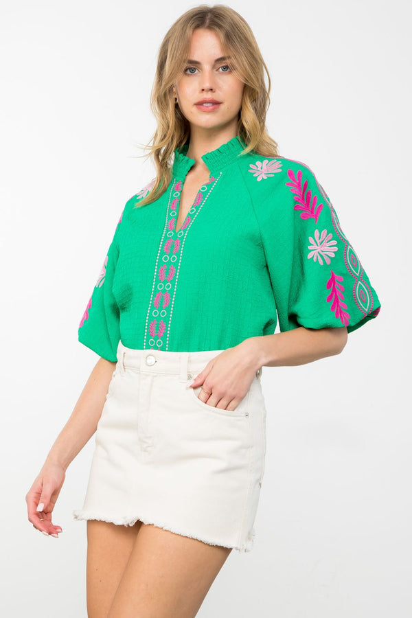 Embroidered Puff Sleeve Textured Top