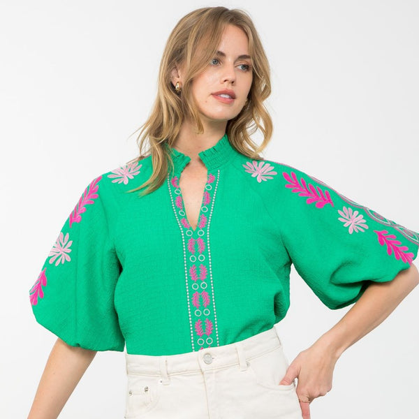 Embroidered Puff Sleeve Textured Top