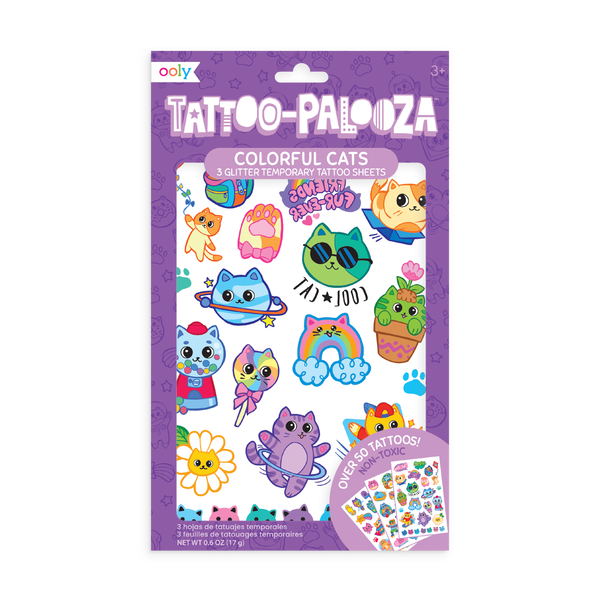 Tattoo-Palooza Temporary Tattoos - Colorful Cats - 3 Sheets