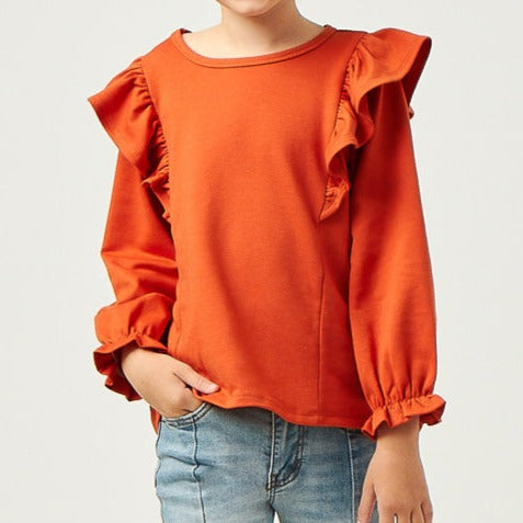 Soft French Terry Cuffed Ruffled Long Sleeve Top