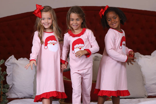 Santa Face Pink Gingham Dress- Light Skin