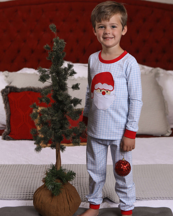 Santa Face Blue Gingham Set- Light Skin