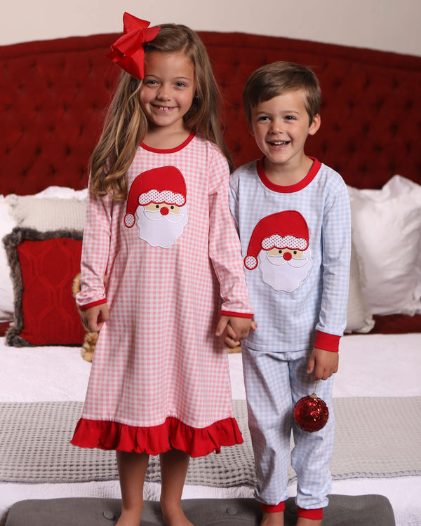 Santa Face Blue Gingham Set- Light Skin