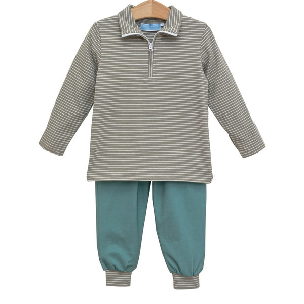 Tucker Pullover Set- Beige Stripe/Sage