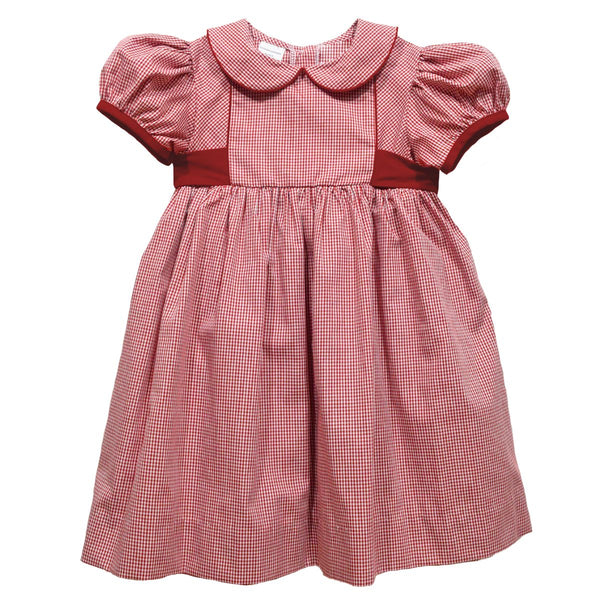 Peter Pan Collar Dress W/ Sash- Cardinal Red Mini Check