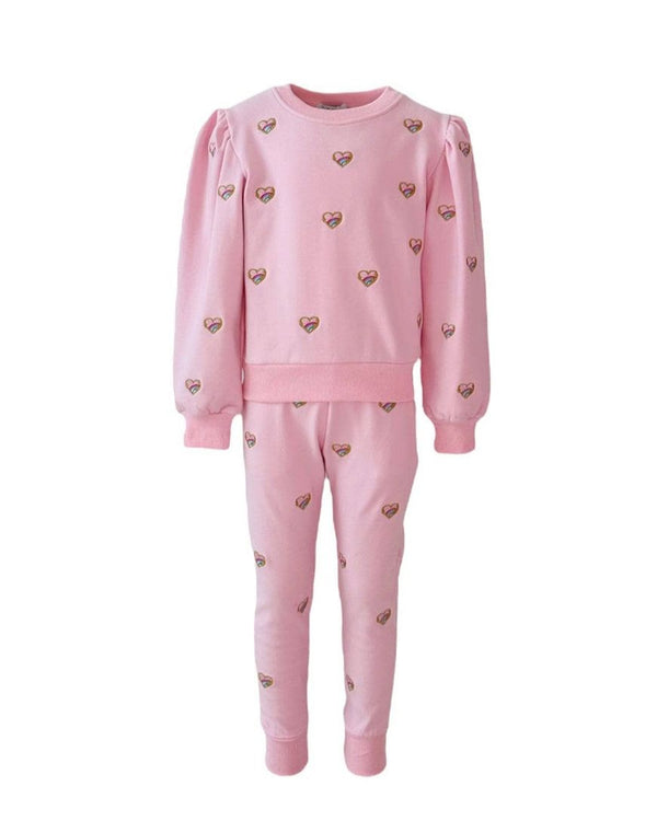 Embroidered Heart All Over Set- Pink
