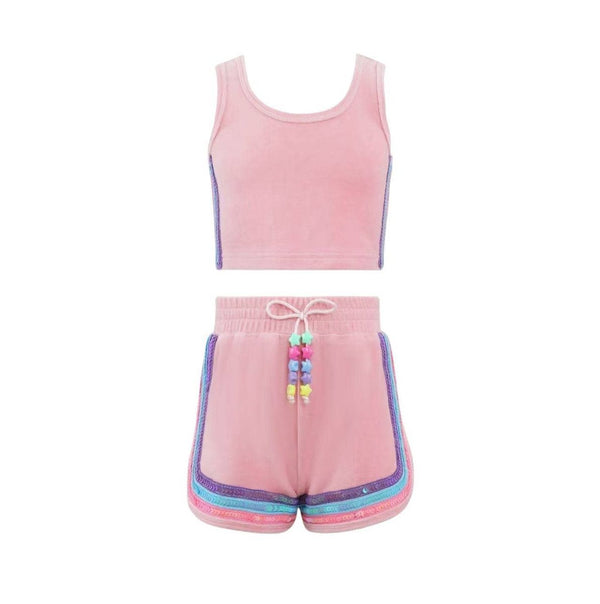 Rainbow Velour Sequin Tank Set- Pink