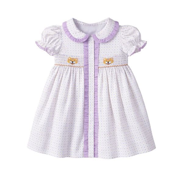 Ruby Smocked Dress- Purple Bitty Dot Tiger