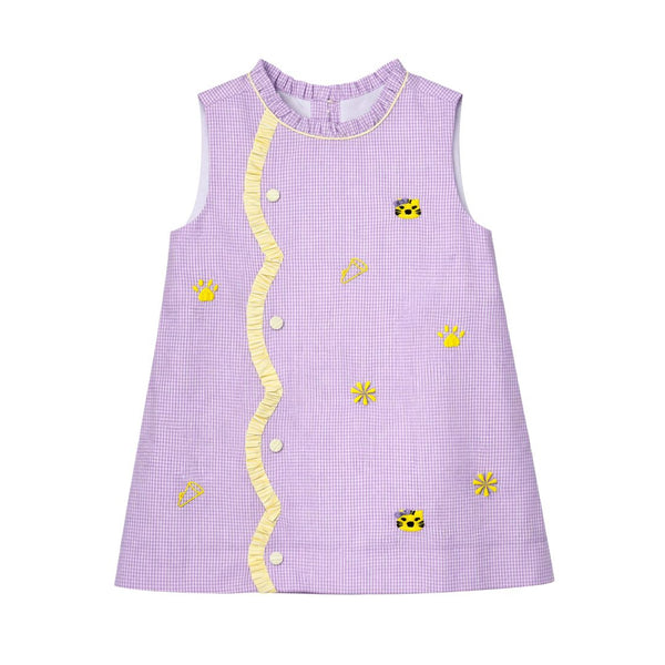 Claire Scallop Dress- All Over Embroidery Purple Tigers