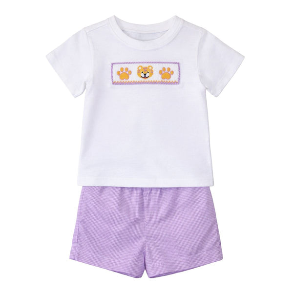 Ollie Smocked Short Set- Purple Gingham Tiger