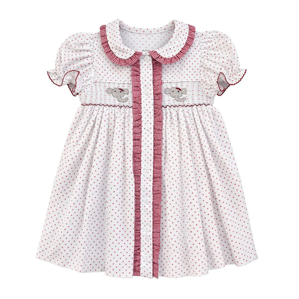 Ruby Smocked Dress- Crimson Bitty Dot Elephant