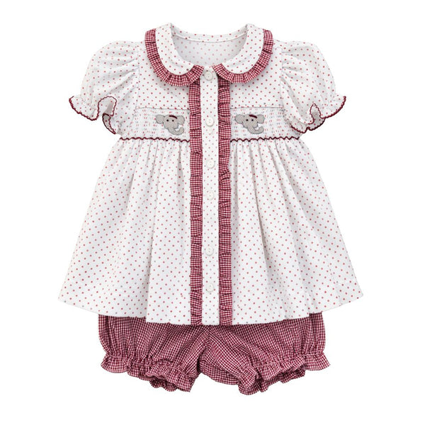 Ruby Smocked Bloomer Set- Crimson Bitty Dot Elephant