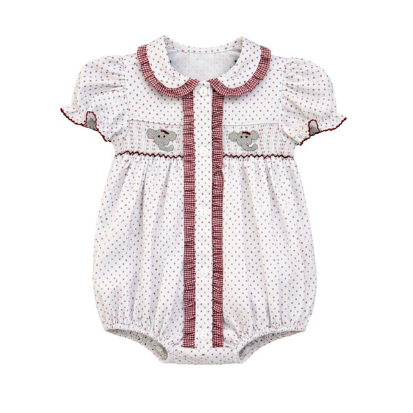 Ruby Smocked Bubble- Crimson Bitty Dot Elephant