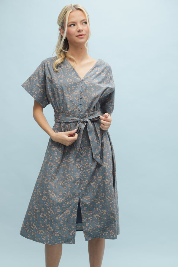 Floral Belted Dress- Teal/Mocha