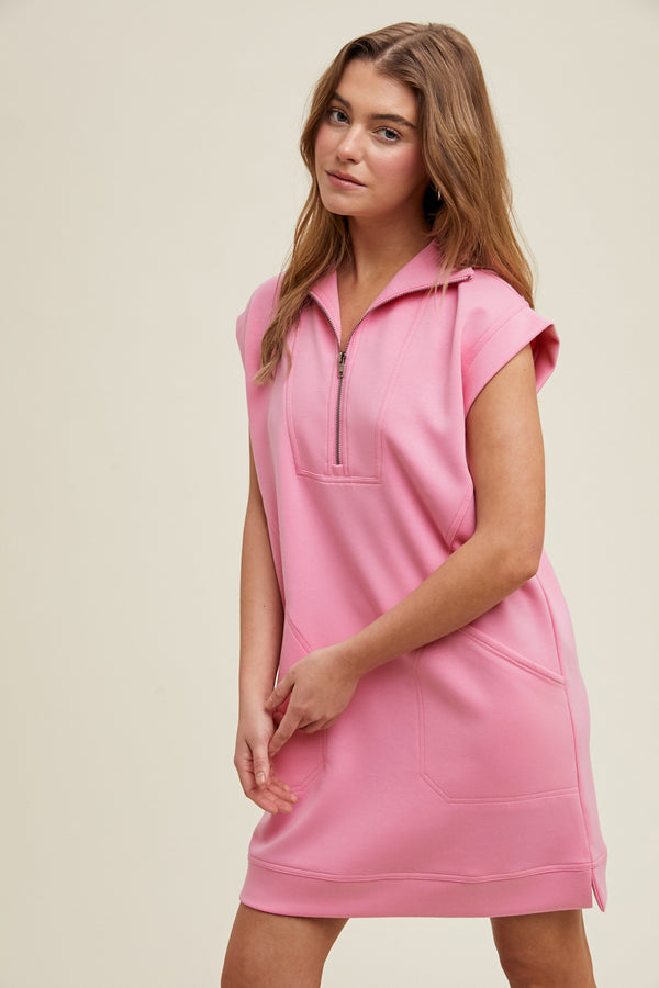 Scuba Half-Zip Dress- Pink