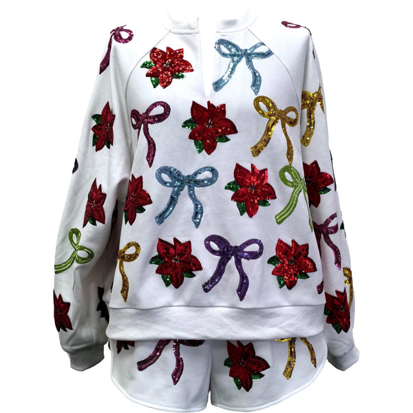White Multi Bows & Poinsettia Sweatshirt- Women's