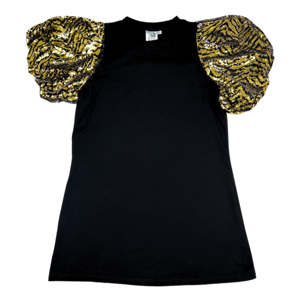 Black Sequin Tiger Puff Sleeve Tee Dress- Women's