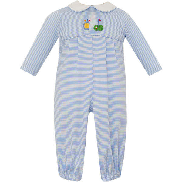 Golf Knit L/S Romper- Lt. Blue Stripe