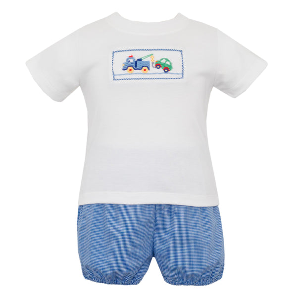 Tow Trucks Bloomer Set/Short Set- Royal Blue Minigingham