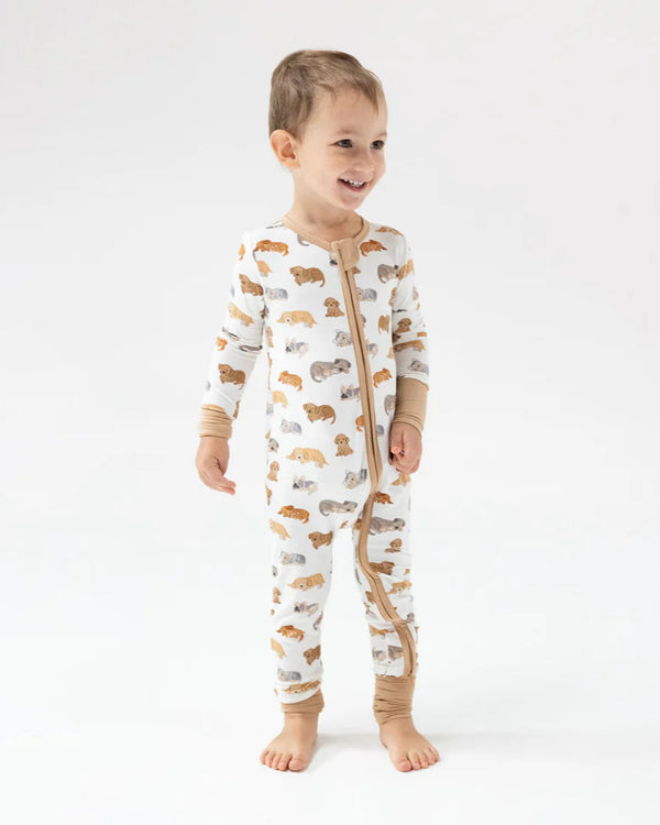 Napping Puppies 2 Way Zipper Romper- Ivory/Tan